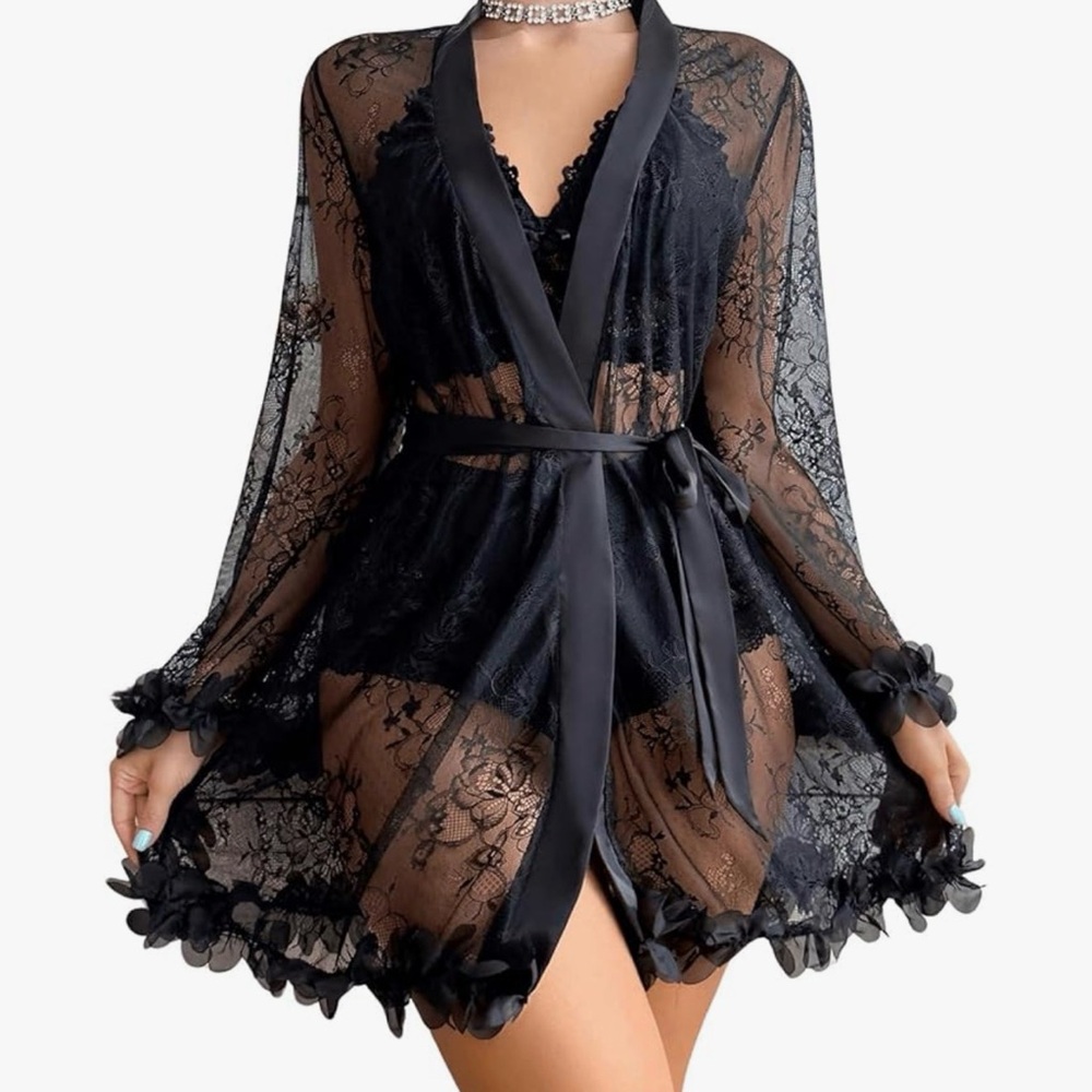 Elegant Black Lace Robe with Satin Trim